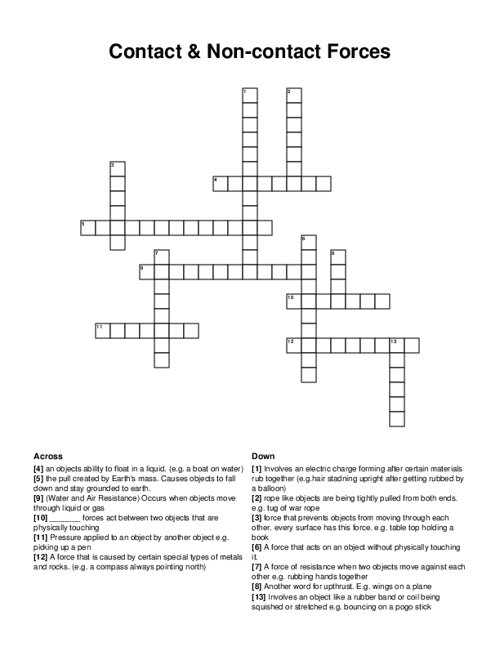 Contact & Non-contact Forces Crossword Puzzle