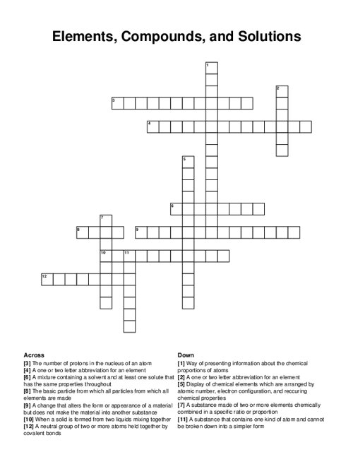 Elements, Compounds, and Solutions Crossword Puzzle