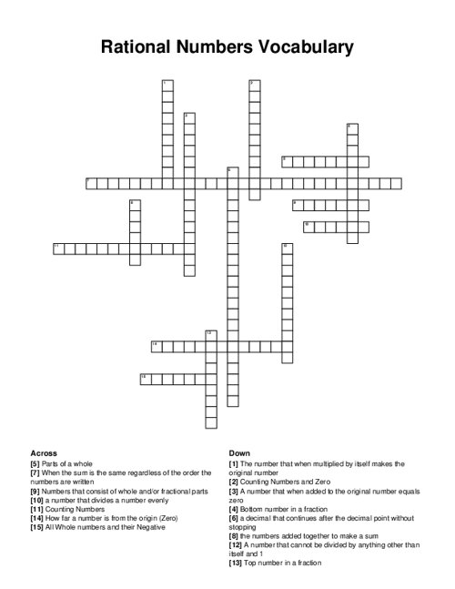 Rational Numbers Vocabulary Crossword Puzzle