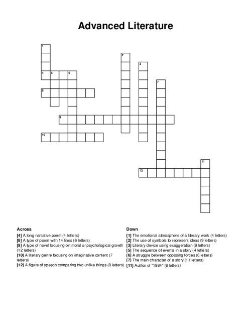 Advanced Literature Crossword Puzzle