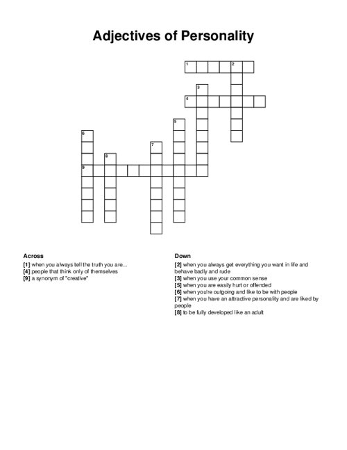 Adjectives of Personality Crossword Puzzle