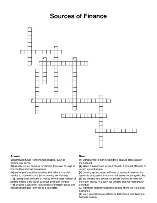 Sources of Finance Crossword Puzzle