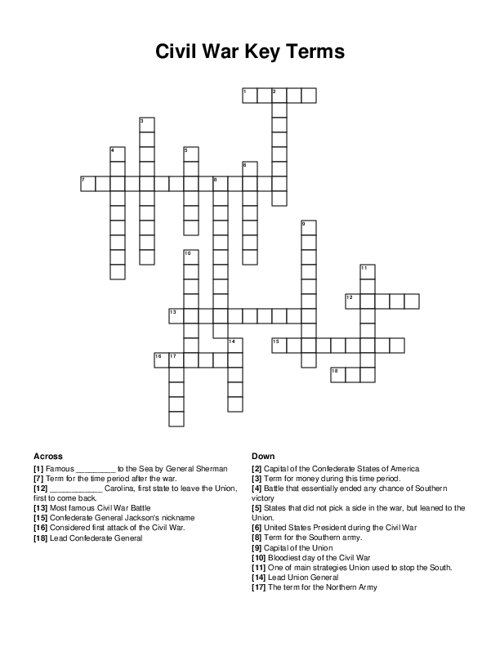 Civil War Key Terms Crossword Puzzle