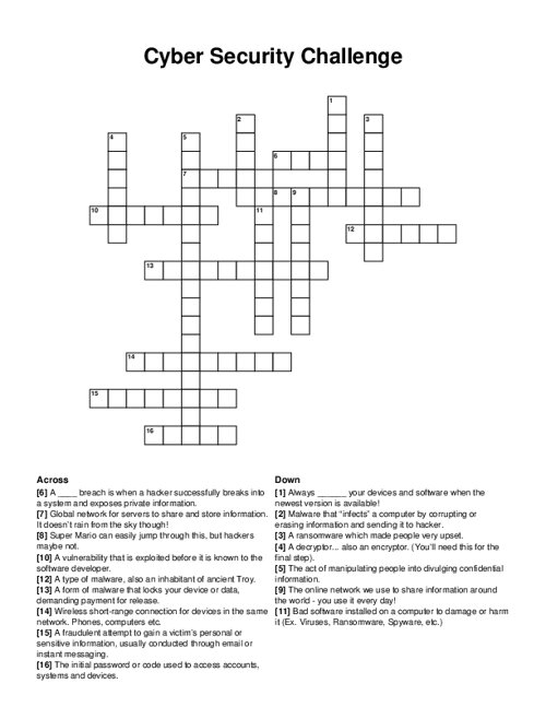 Cyber Security Challenge Crossword Puzzle