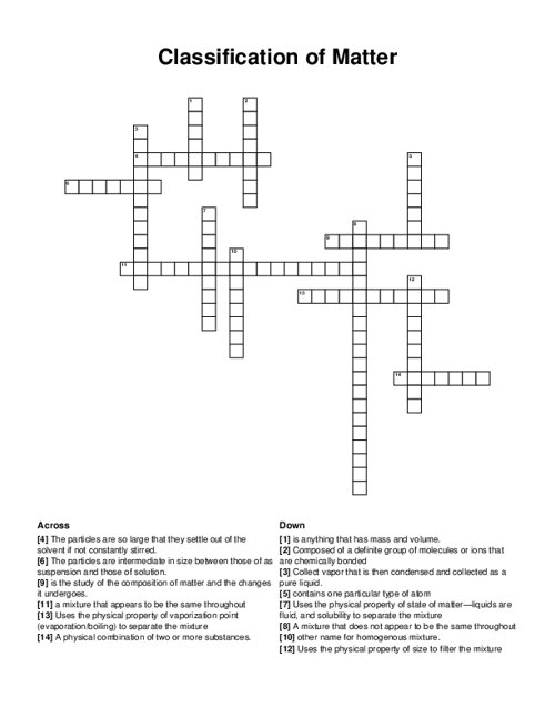 Classification of Matter Crossword Puzzle