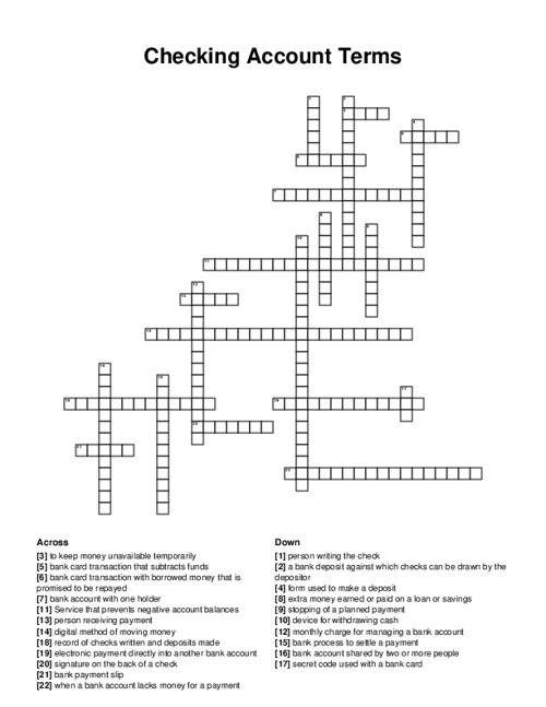 Checking Account Terms Crossword Puzzle