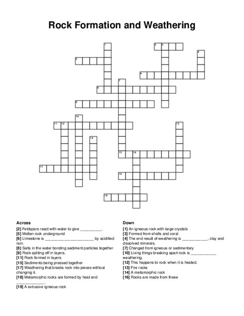 Rock Formation and Weathering Crossword Puzzle