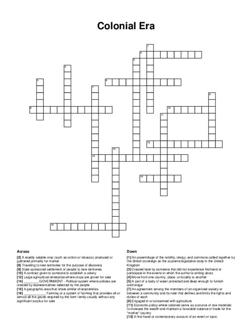 Colonial Era Crossword Puzzle