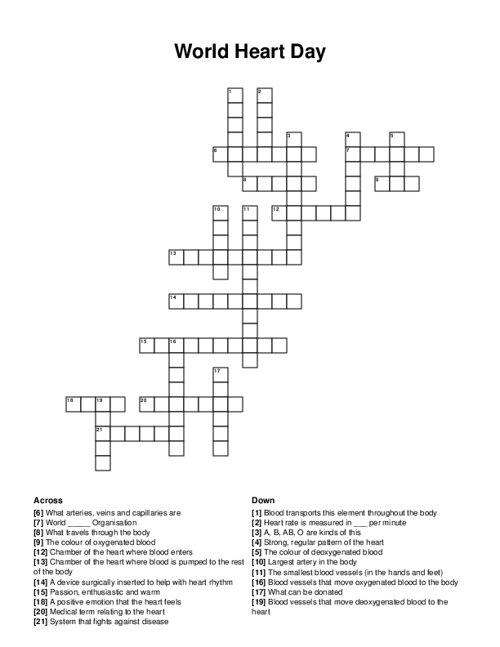 World Heart Day Crossword Puzzle