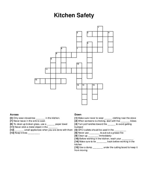 Kitchen Safety Crossword Puzzle