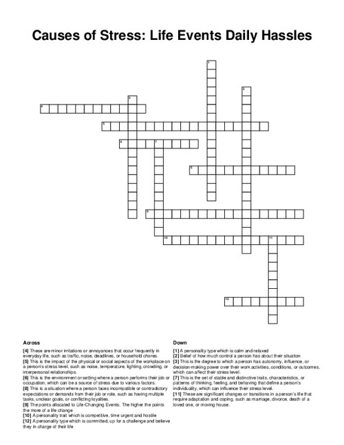 Causes of Stress: Life Events Daily Hassles Crossword Puzzle