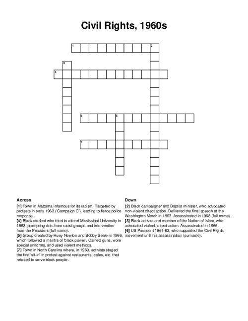 Civil Rights, 1960s Crossword Puzzle