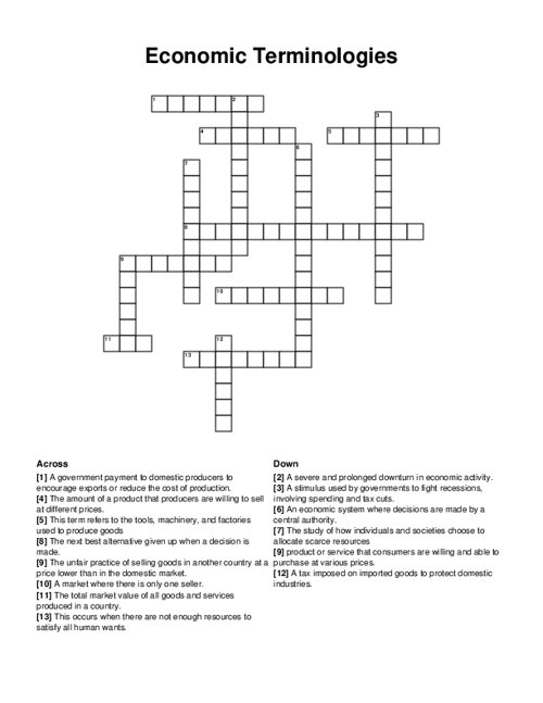 Economic Terminologies Crossword Puzzle