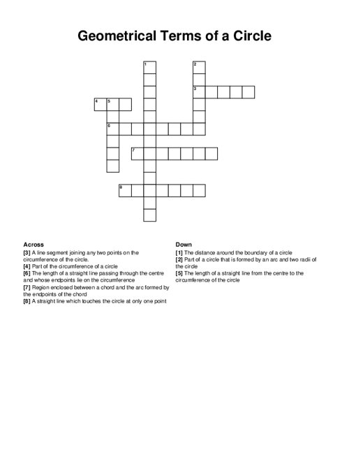 Geometrical Terms of a Circle Crossword Puzzle