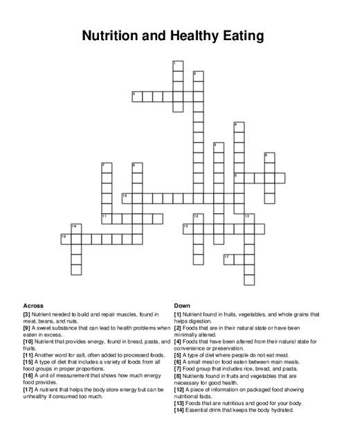 Nutrition and Healthy Eating Crossword Puzzle