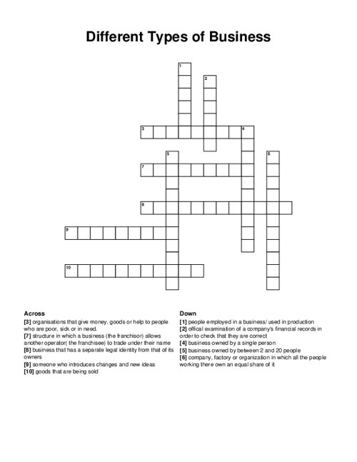 Different Types of Business Crossword Puzzle