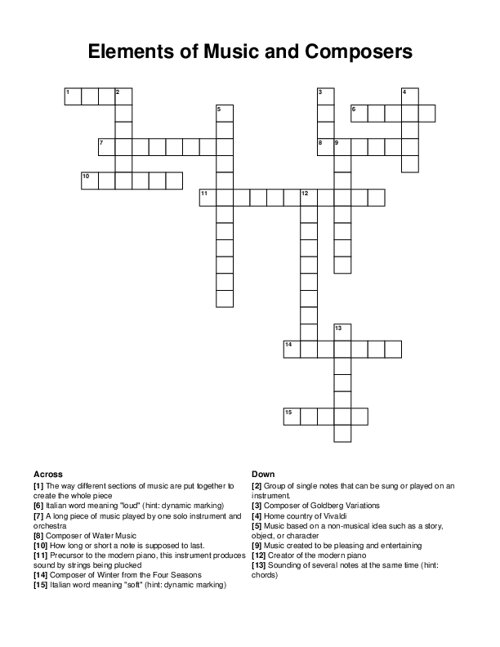 Elements of Music and Composers Crossword Puzzle