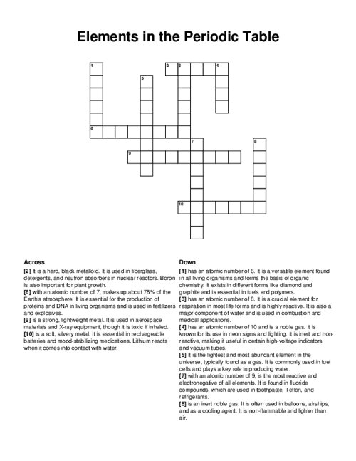 Elements in the Periodic Table Crossword Puzzle