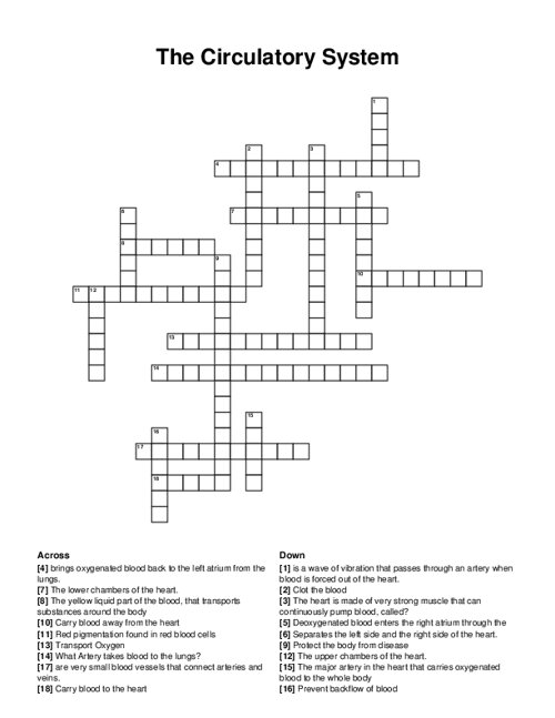 The Circulatory System Crossword Puzzle