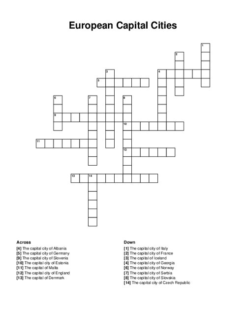 European Capital Cities Crossword Puzzle