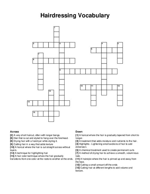 Hairdressing Vocabulary Crossword Puzzle