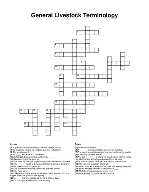 General Livestock Terminology Crossword Puzzle