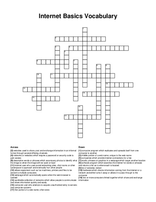 Internet Basics Vocabulary Crossword Puzzle