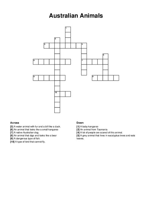 Australian Animals Crossword Puzzle