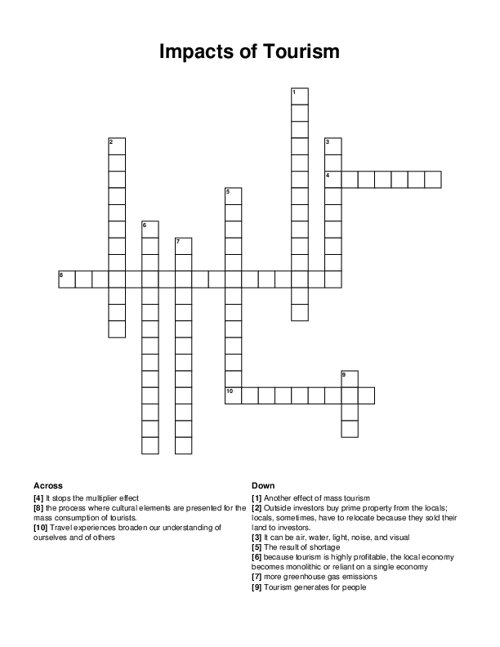 Impacts of Tourism Crossword Puzzle