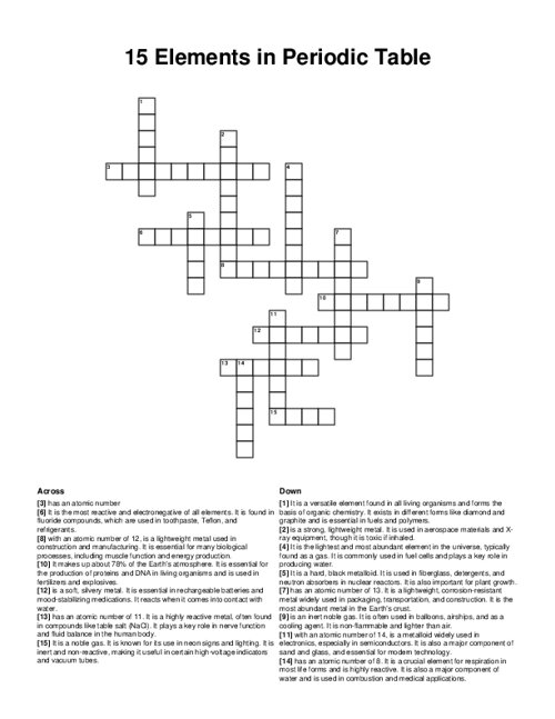 15 Elements in Periodic Table Crossword Puzzle