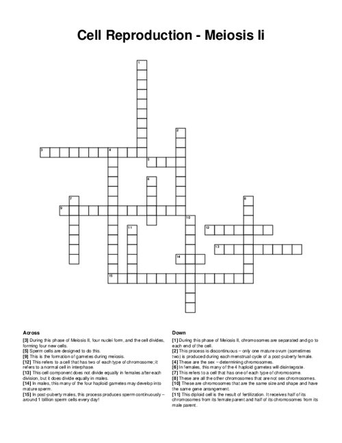 Cell Reproduction - Meiosis Ii Crossword Puzzle