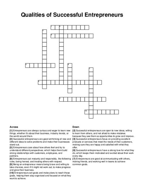 Qualities of Successful Entrepreneurs Crossword Puzzle