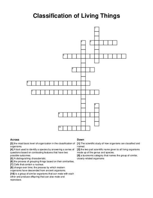 Classification of Living Things Crossword Puzzle