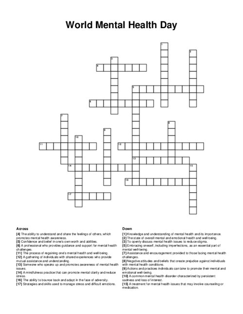 World Mental Health Day Crossword Puzzle