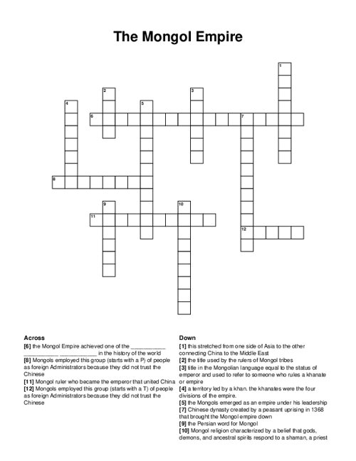 The Mongol Empire Crossword Puzzle