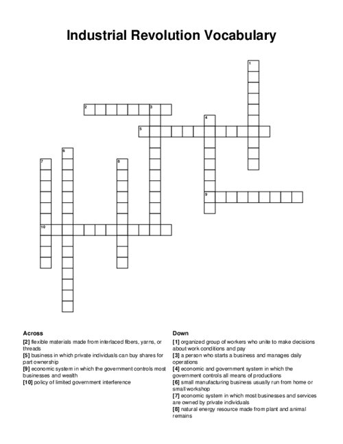 Industrial Revolution Vocabulary Crossword Puzzle