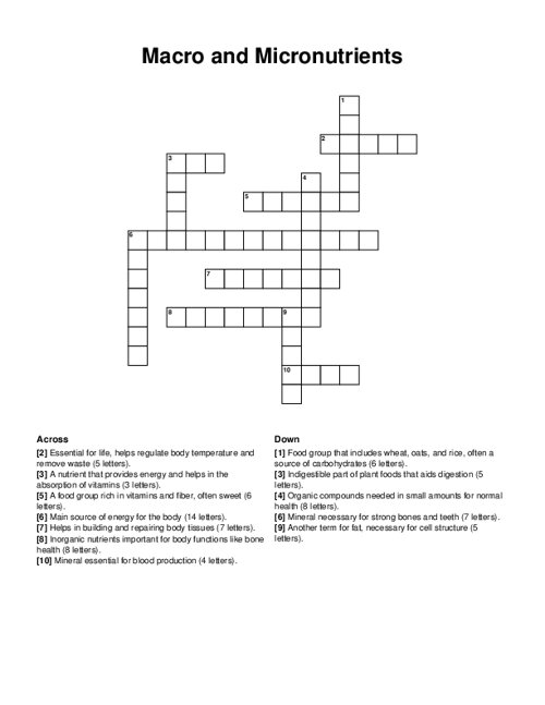 Macro and Micronutrients Crossword Puzzle