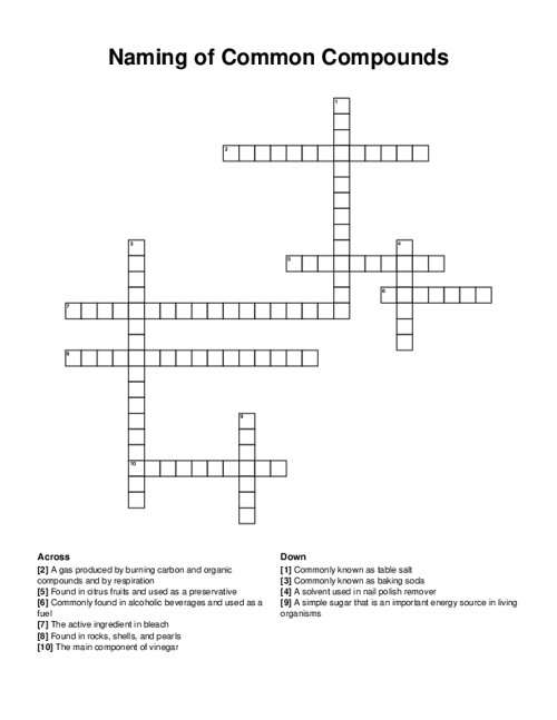 Naming of Common Compounds Crossword Puzzle