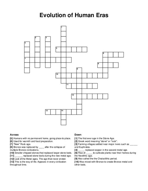 Evolution of Human Eras Crossword Puzzle