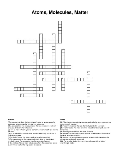 Atoms, Molecules, Matter Crossword Puzzle