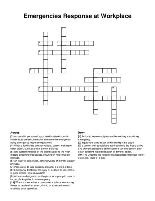 Emergencies Response at Workplace Crossword Puzzle