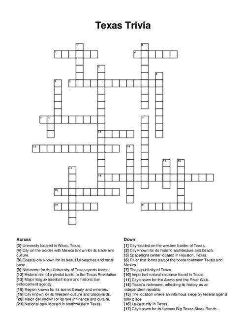 Texas Trivia Crossword Puzzle