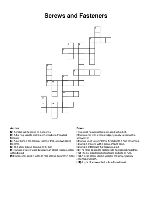 Screws and Fasteners Crossword Puzzle