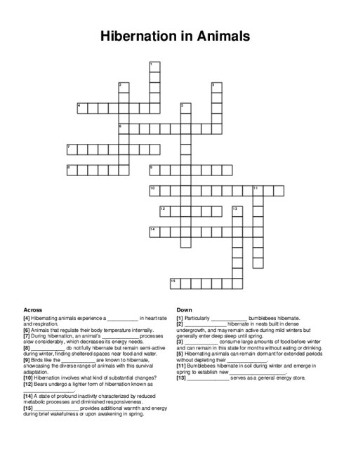 Hibernation in Animals Crossword Puzzle