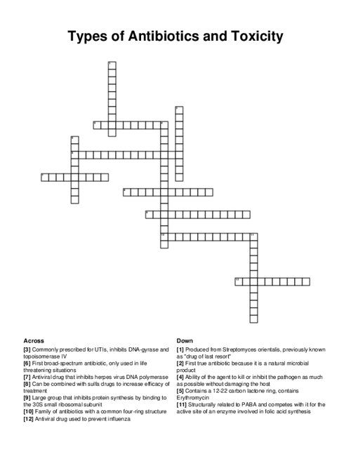 Types of Antibiotics and Toxicity Crossword Puzzle