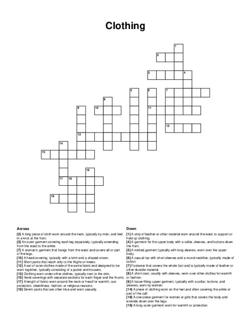 Clothing Crossword Puzzle