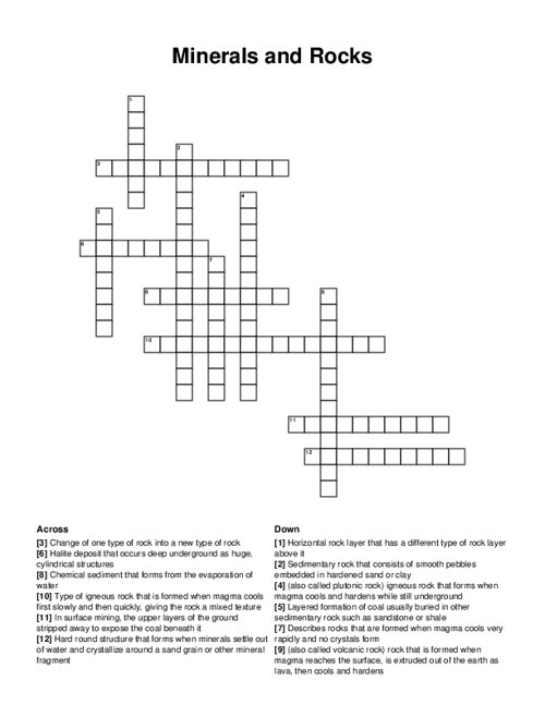 Minerals and Rocks Crossword Puzzle