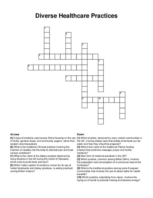 Diverse Healthcare Practices Crossword Puzzle