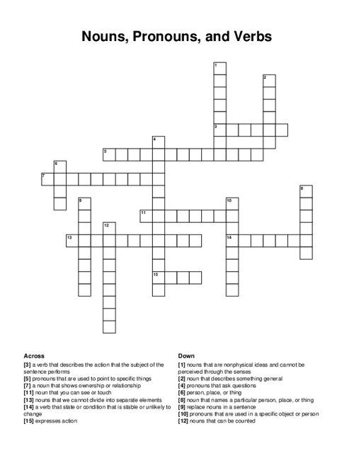 Nouns, Pronouns, and Verbs Crossword Puzzle