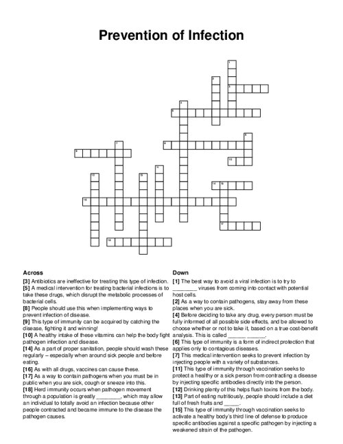 Prevention of Infection Crossword Puzzle